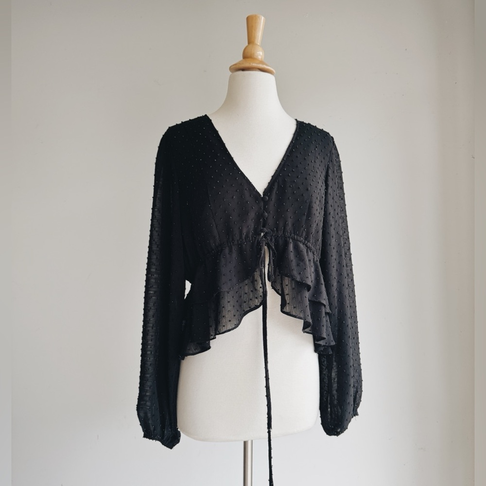 Mustard Seed Black V-Neck Tie-Front Ruffle Blouse